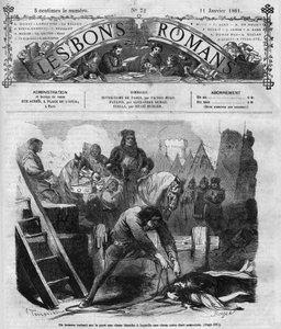Roman-feuilleton : « Notre-Dame de Paris » de Victor Hugo (1802-1885). Un homme traîne deux femmes sur le pavé. Gravure dans « Les bons romans »