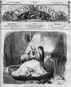 Roman-feuilleton : "Notre-Dame de Paris" par Victor Hugo (1802-1885). Esmeralda et la chèvre. Gravure dans "Les bons romans"