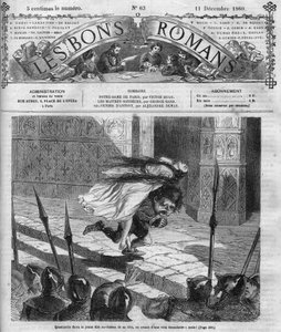 Roman-feuilleton : « Notre-Dame de Paris » par Victor Hugo (1802-1885). Quasimodo et Esmeralda. Gravure dans « Les bons romans »