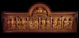 Art roman : retable de la Pentecôte : antependium en bois, cuivre et émail. De Stavelot (Meuse) vers 1160-1170. Paris, Musée national du Moyen Âge, Thermes de Cluny - French School