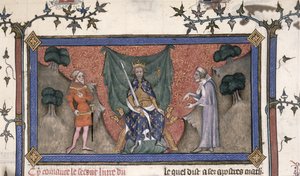 Le roi Charles V (1337-80) de France intronisé avec couronne, épée et sceptre entre un chevalier et un clerc
