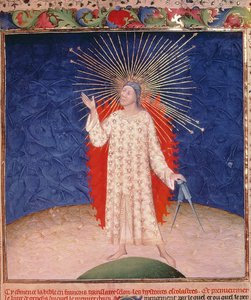 Dieu entouré de feu avec une paire de compas, de la Bible Historiale par Guyart des Moulins, c.1411 - French School