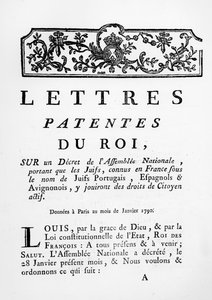 Lettres patentes royales accordant des droits égaux aux Juifs portugais, espagnols et avignonnais en France, Paris, 28 janvier 1790