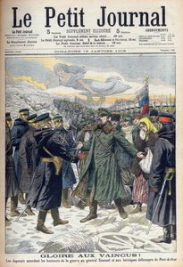 Guerre russo-japonaise 1904-1905 : Les Japonais permettant au général Stoessel et aux défenseurs russes de Port Arthur une reddition honorable. De Le Petit Journal, Paris