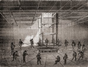 Marins et ouvriers enroulant le câble télégraphique transatlantique dans les réservoirs de cale du S.S. Great Eastern - French School