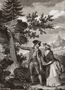 Saint Preux et Julie gravure de 1793 pour « Julie ou la nouvelle Héloïse » par le philosophe suisse Jean-Jacques Rousseau (1712-1778) - Julie et Saint-Preux, illustration de « La Nouvelle Héloïse » par Jean-Jacques Rousseau (1712-78) (gravure) - French School