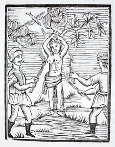 Sainte Reine est attachée à deux poteaux en forme de croix et brûlée par des torches