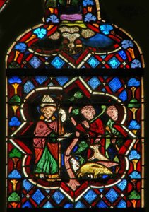 Scène dans la fenêtre E représentant Saint Samson changeant des cochons en chèvres - French School