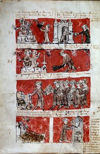 Scène de la vie étudiante au Collège de Hubant ou Ave Maria à Paris. Scènes de la vie étudiante (œuvres de charité, distribution de livres, entretien de la basse-cour) et règlements du collège. Bandes 24 à 27. Page manuscrite « Livre des statuts du Collège