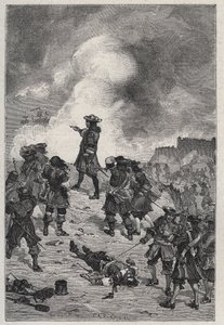 Sébastien le Prestre seigneur de Vauban (1633-1717), maréchal de France défend Brest contre une attaque de la flotte anglaise en 1695 - gravure dans « Les Hommes Célèbres de la France » par Louis Dumas 1889