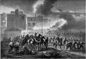 Guerre de Sécession (1861-1865) ou guerre civile américaine : évacuation de la ville de Corinth (Mississippi) en 1862. Gravure dans "Le Monde Illustré" n°275 du 19 juillet 1862