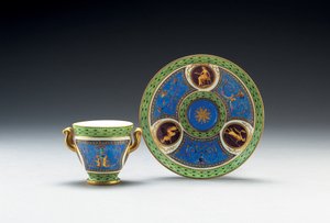 Tasse et soucoupe à deux anses, bleu céleste et vert pâle de Sèvres, 1790 - French School
