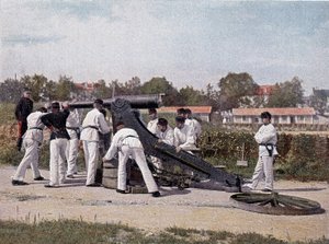Tirer un canon de 95 depuis un poste de guet pour sièges et places - dans "Album militaire - artillerie à pied" - French School