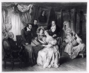 Signature du contrat de mariage chez le notaire, vers 1840