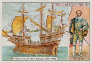 Sir Francis Drake et un navire de guerre anglais à trois mâts - French School