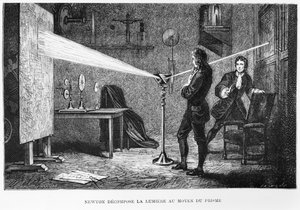 Sir Isaac Newton (1642-1727) décomposant la lumière à travers un prisme, illustration de La Vie des Savants Illustres par Louis Figuier, 1868