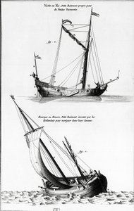 Esquisse de bateaux: un yacht ou yac et une hourque ou hollock, qui est un petit bateau inventé par les Hollandais pour naviguer sur les canaux - dans "Encyclopédie de Diderot", vol 7 Marine, gravure, Bibl. Mazarine - French School