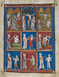 La Chirurgia : Neuf miniatures montrant des scènes bibliques et médicales. En haut, le Christ portant la croix ; Marie et Saint Jean au Calvaire ; le Christ recevant du vinaigre et percé de la lance. Au centre et en bas, des médecins traitant des patients 