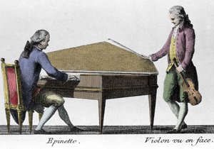 Joueur de spinette et de violon. Gravure de la fin du XVIIIe siècle. - French School
