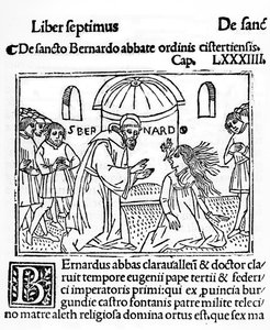 Saint Bernard de Clairvaux exorcisant une femme possédée, illustration de La Vie des Saints publiée en 1506
