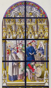 Vitrail de la cathédrale de Tournai illustrant les taxes sur la bière et le vin par les évêques de Tournai