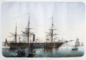 Frégate à vapeur dans le port de Toulon, vers 1850