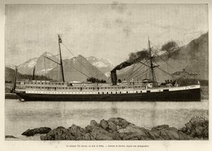 Le vapeur La Reine, dans le port de Sitka (Alaska, USA). Gravure par Bocher, en 1890, dans Le tour du monde, nouveau journal des voyages, édité par Edouard Charton (1807-1890), 2e semestre 1891, édition Hachette, Paris.