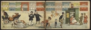 Scène de rue avec une rangée de magasins fermés et des toilettes publiques fermées - French School