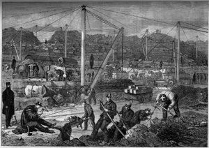 Travail de force : prisonniers anglais travaillant dans une carrière de pierre. Prison de Portland, Angleterre - French School
