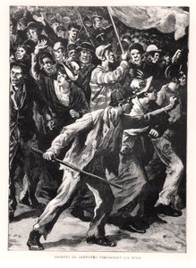 Manifestants en grève dans les rues de Chicago pendant les émeutes de Pullman de 1894, vers 1895