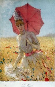 Été : jeune femme avec un parapluie dans un champ de blé - dessin, fin 19e siècle