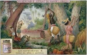Tapping rubber trees, carte publicitaire pour Veritable Extrait de Viande Liebig, fin du 19e siècle