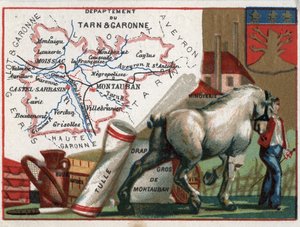 Tarn-et-Garonne (82), Midi-Pyrénées, France. Spécialités locales : huile, amidon, tulle, drap de Montauban en gros, vin et moulin à farine. Série sur les départements français. Chromolithographie - French School