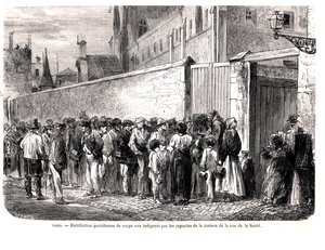 Les Capucins de la rue de la Santé distribuant la soupe quotidienne aux pauvres, de Le Monde Illustré, 1860 - French School