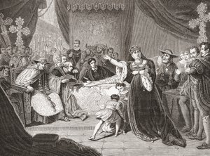Le Tribunal pour le Procès de la Reine Katharine par George Henry Harlow, représentant Mme Siddons en Reine Katharine dans Henry VIII de Shakespeare. De Histoire des Peintres, École Anglaise, publié en 1867