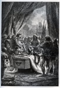 Le gouverneur anglais de Châteauneuf-de-Randon (Châteauneuf-de-Randon, Auvergne) se rend et vient déposer les clés de la place sur le cercueil de Bertrand du Guesclin (1320-1380), le 13 juillet 1380 devant lequel la ville était assiégée.
