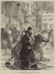 Les Inondations en Espagne, sauvetage des habitants de Murcie (gravure) - French School