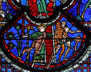 Le Bon Samaritain : Adam et Ève expulsés du Paradis par un ange avec une épée - French School
