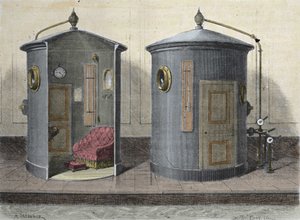 La chambre hyperbare par Paul Bert, physiologiste et homme politique français. Gravure de 1855