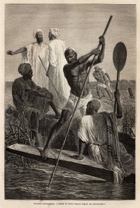 Les bateliers du Cachemire, dans les environs de Srinagar, en plein travail - Gravure pour illustrer le récit du Pandjab et du Cachemire, par Guillaume Lejean en 1866, publié dans « Le Tour du Monde » 1870-1871, édité par Edouard Charton, édition Hachette