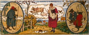 La laitière et le bidon de lait, tiré des "Fables" de Jean de La Fontaine (1621-95), carte de visite des chocolats suisses "Peter, Cailler, Kohler" (lithographie couleur)