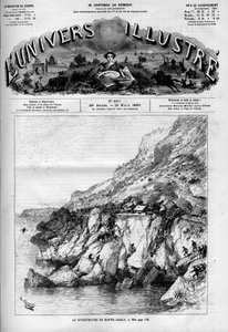 La catastrophe de Monte Carlo : accident de train sur la ligne de chemin de fer longeant la côte. Un journal. Gravure dans "Le Monde Illustré" - French School