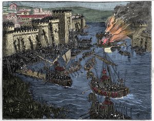 Les Normands, dirigés par Rollon, assiègent Paris en 885, illustration de France et les Français à travers les siècles, 1884 - French School