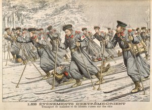 La Croix-Rouge transportant des Russes blessés sur des skis pendant la guerre russo-japonaise (1904-05) de Le Petit Journal, vers 1904