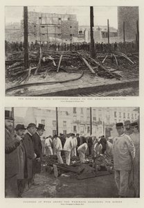 Le transfert des corps retrouvés aux wagons-ambulances, soldats travaillant parmi les débris à la recherche de corps (gravure) - French School