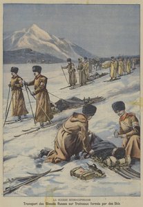 La guerre russo-japonaise : transport de soldats russes blessés sur des traîneaux faits de skis - French School
