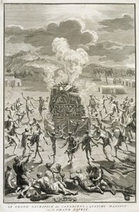 Le sacrifice à Quitchi-Manitou, ou Le Grand Esprit, par les Canadiens, illustration des Cérémonies et coutumes religieuses, gravée par Bernard Picart, 1723 - French School