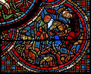 Saint Lubin : son éducation - un moine lui donne une ceinture avec un alphabet inscrit - French School