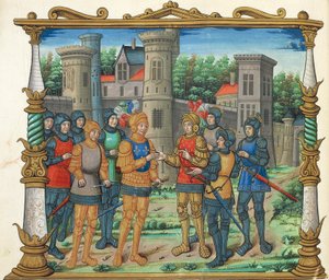 Le Traité de Conflans entre Louis XI et le Duc de Bourgogne, miniature des Mémoires de Philippe de Commynes, manuscrit folio 32 verso, France, XVIe siècle
