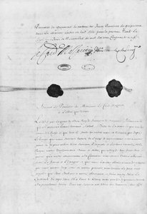 Le Traité des Pyrénées, signé par le cardinal Jules Mazarin (1602-61) et Don Luis Mendez de Haro (1598-1661) le 7 novembre 1659